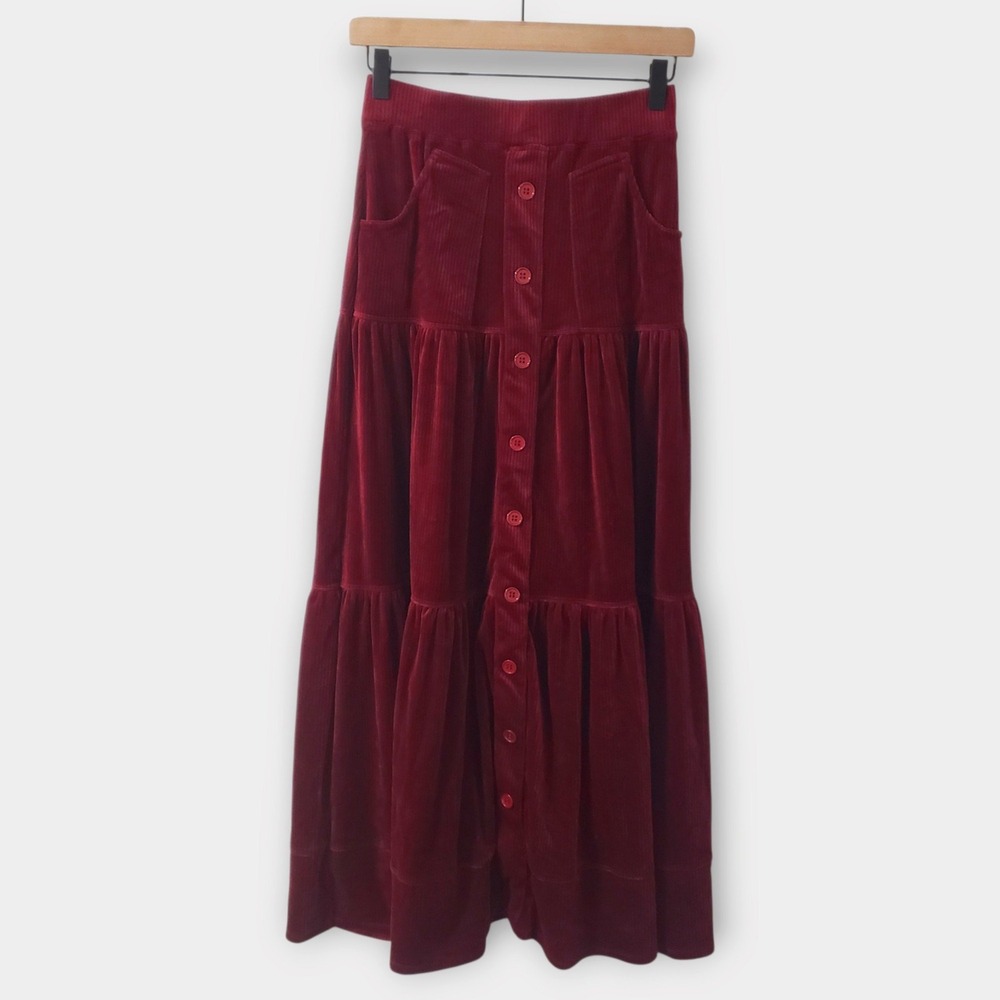NWT Halara Corduroy Tiered Button Front Maxi Skirt Pockets High Waisted Red Sm - Picture 2 of 12